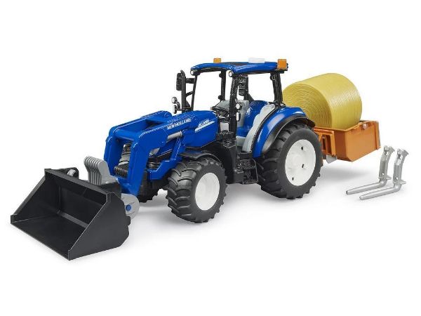 Image de New Holland T5.120 avec chargeur frontal, caisse, fourches + 1 balle ronde 1:16